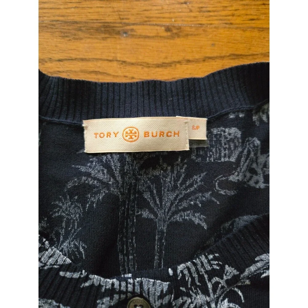 Tory Burch Women's Safari Print Semi Sheer Button Up Cardigan Blue Size Small